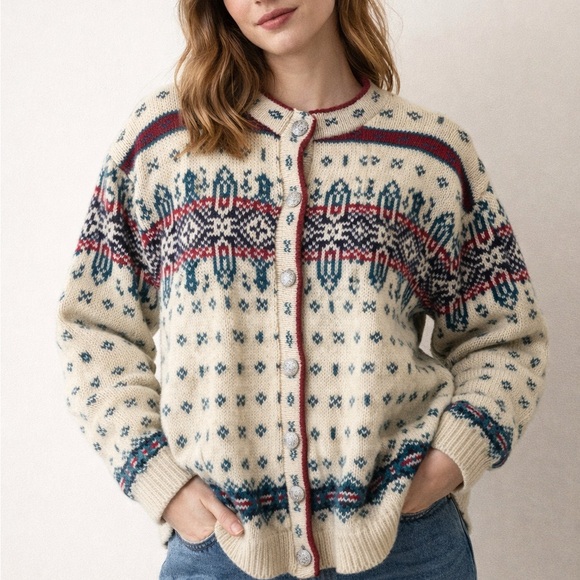 LL Bean Cardigan Womens Sz LFair Isle Nordic Wool Sweater Cardigan Vintage USA